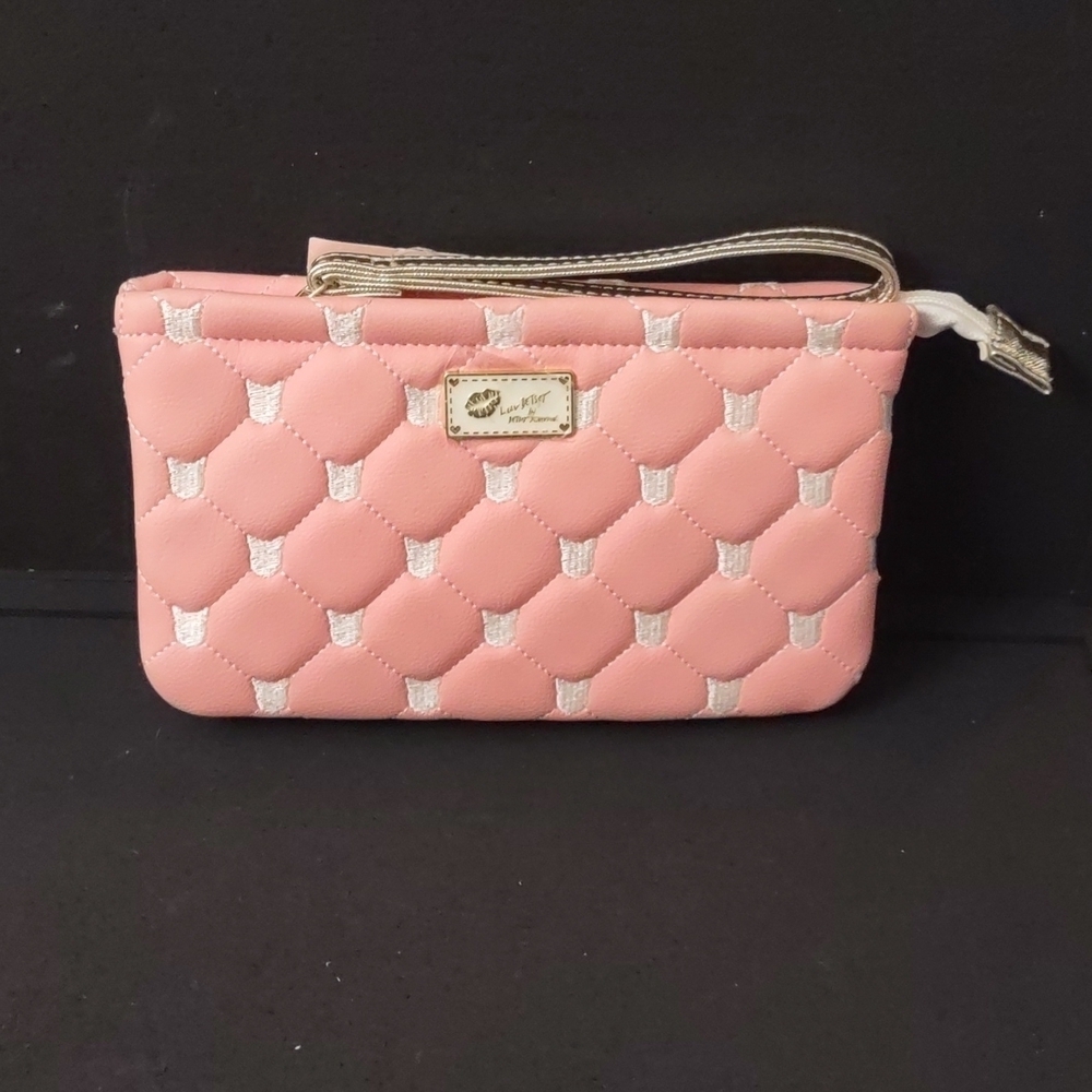 LUV BETSEY by BETSEY Johnson Double pouch wristlet embroidered Cat face Coral